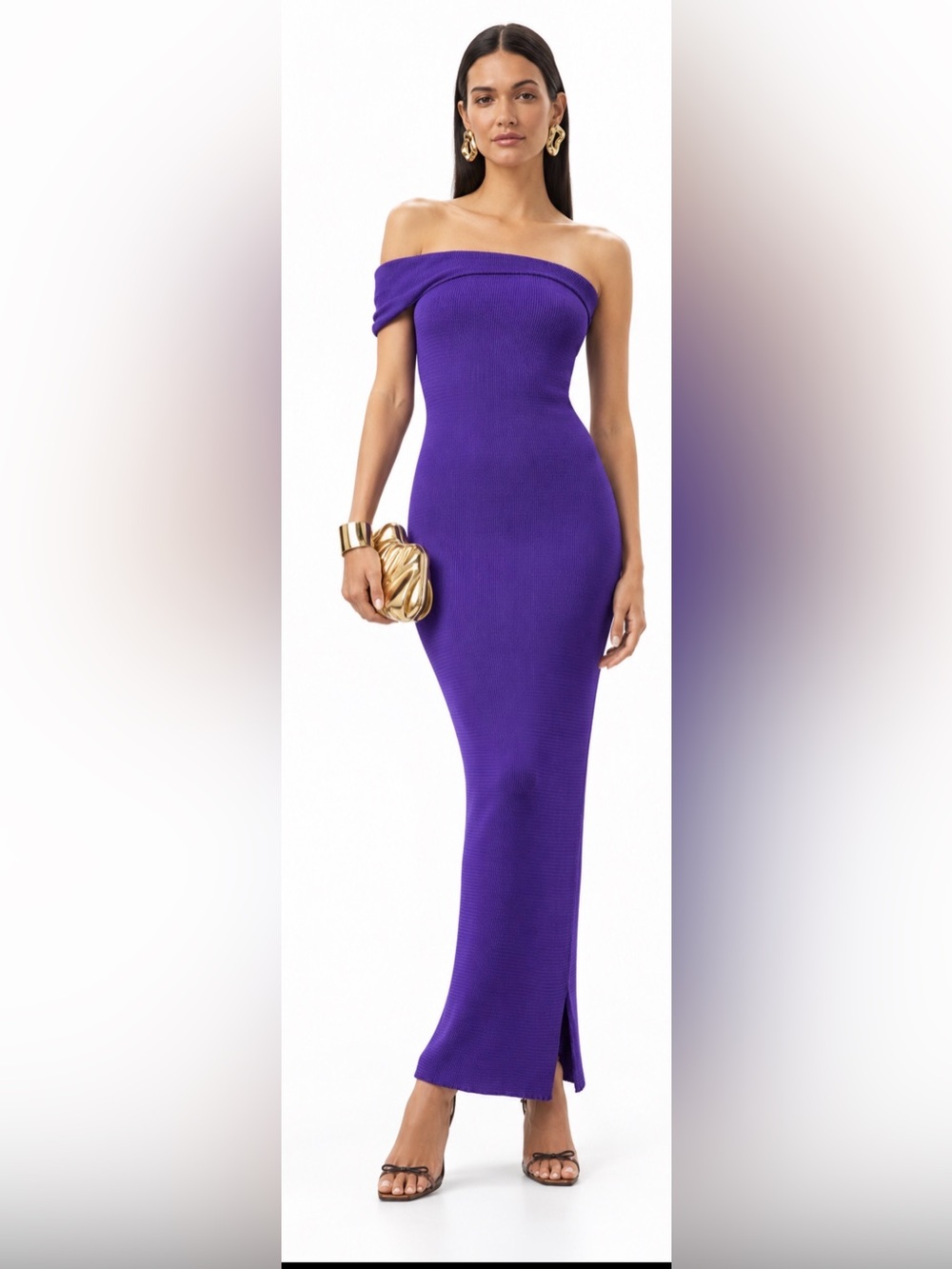 BAOBAB Bomba Purple Ribbed Knit Off Shoulder Bodycon Maxi Dress